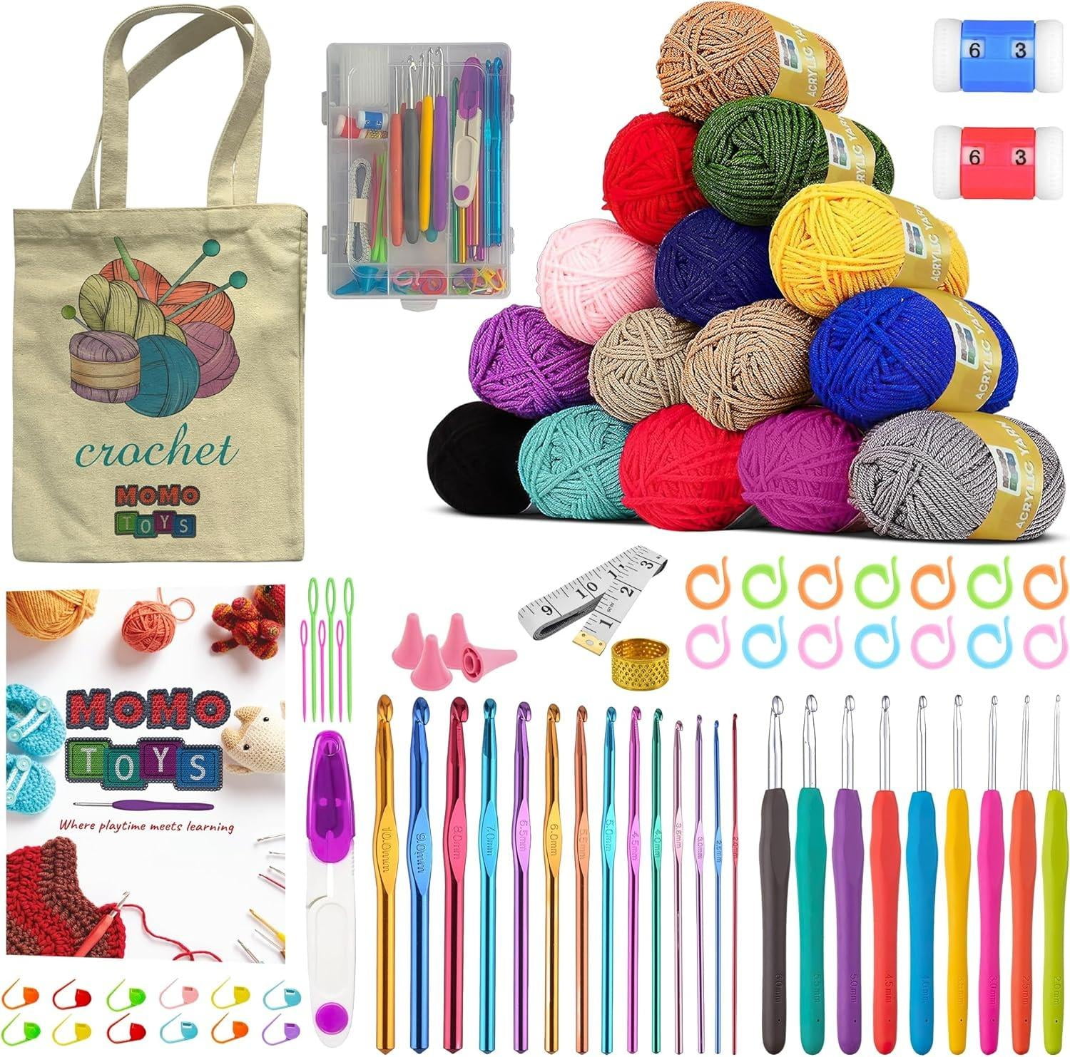 MOMOTOYS Beginner Crochet Kit w/ 130 Page Book, Crochet Yarn Set, Crochet Hook Kit & Crochet Needle Kit - Crochet Kits for Beginners - Crocheting