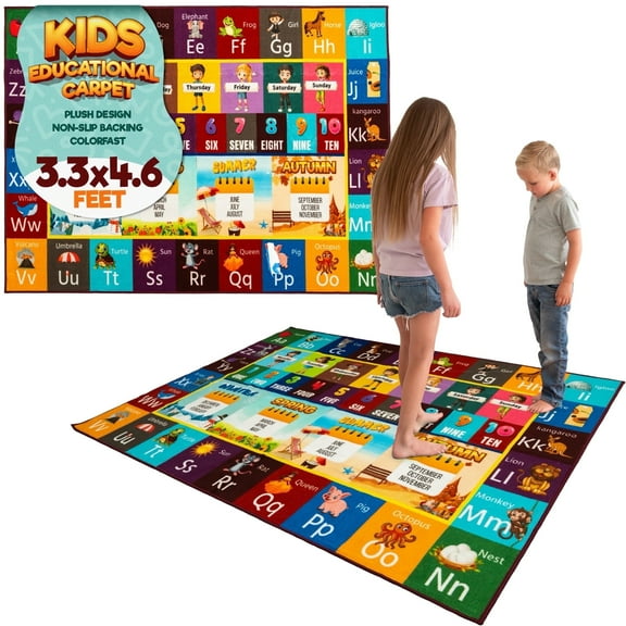 MOMOTOYS Learning Playmat, Alphabet, Numbers & Animals Playroom Kids Rug, 3.3 ft x 4.6 ft w/ Coloring Book