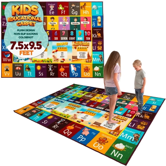 MOMOTOYS Learning Playmat, Alphabet, Numbers & Animals Playroom Kids Rug, 7.5 ft x 9.5 ft w/ Coloring Book