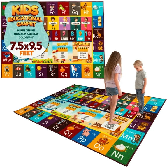 MOMOTOYS Learning Playmat, Alphabet, Numbers & Animals Playroom Kids Rug, 7.5 ft x 9.5 ft w/ Coloring Book