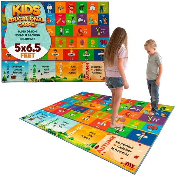 MOMOTOYS Learning Playmat, Alphabet, Numbers & Animals Playroom Kids Rug, 5 ft x 6.5 ft w/ Coloring Book