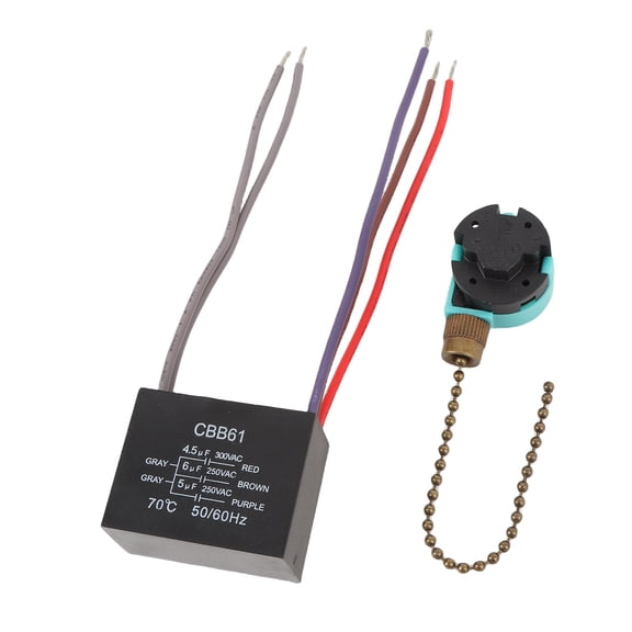 MOMT 3 Speed 4 Wire Ceiling Fan Pull Chain Switch and CBB61 Capacitor Set, 4.5uf + 6uf + 5uf 5 Wire 250V Control Replacement for Hunter and Harbor Breeze Fan Light (14.00 x 9.00 x 3.00 Inches)