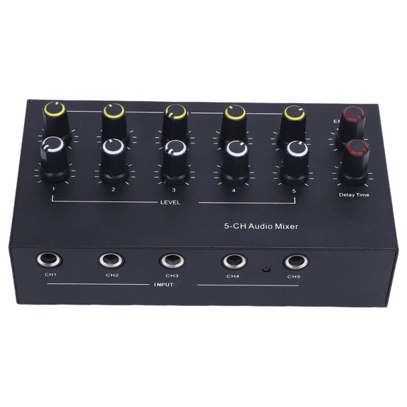 MOMT AU-501 5 Channel Microphone Instrument Input Expander Sound Mixer Console with Delay Reverb for Outdoor Speakers, 6.5mm Mono Input and Output Interface (18x12x6 inches / 45.7x30.5x15.2 cm)