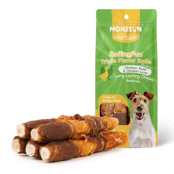 MON2SUN Chicken Liver, Duck & Chicken Wrapped Rawhide Medium Dog Treats, 8.8 oz (5 Count), 6 Inch