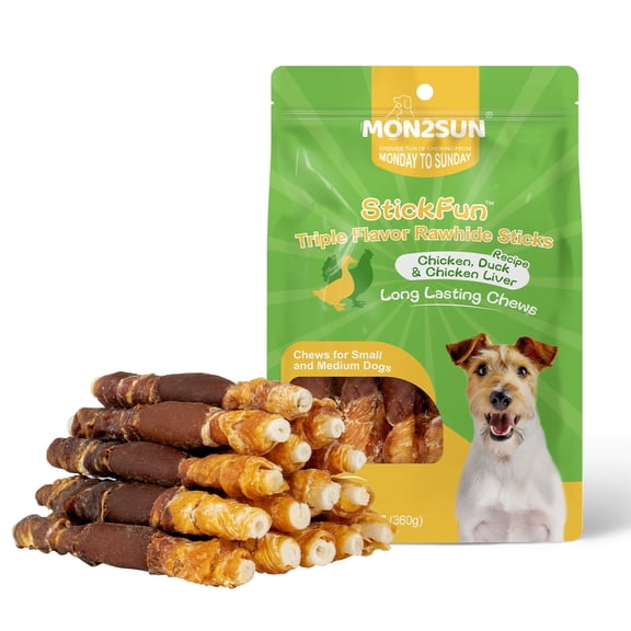 MON2SUN Triple Flavor Meat-wrapped Rawhide Sticks Small Dog Treats, Chicken, Duck & Liver, 13 oz (18 Count), 5 Inch