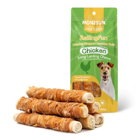 MON2SUN Chicken Wrapped Rawhide Rolls Medium and Large Dog Treats, 23.28 oz (6 Count), 9 Inch