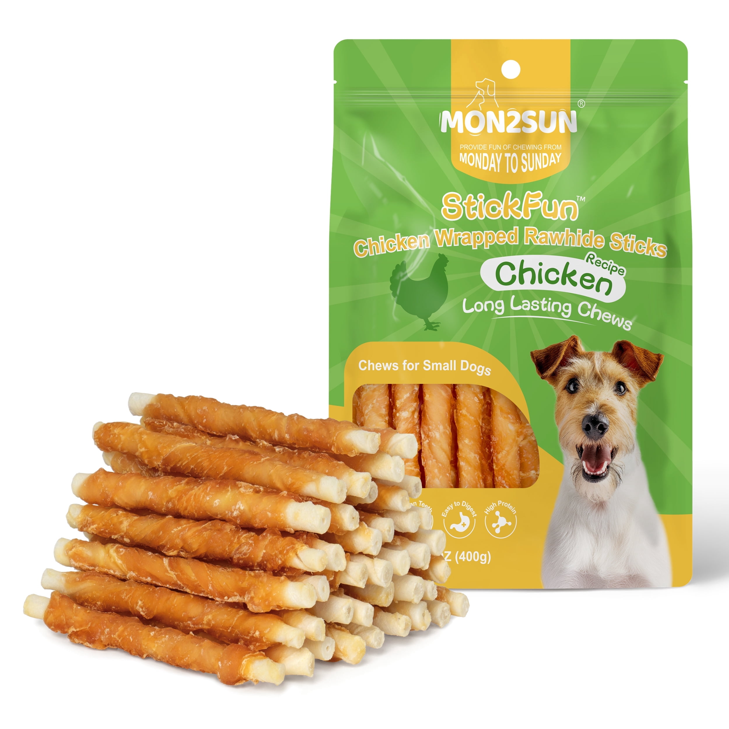 MON2SUN Dog Treats, 5 inch Rawhide Twist Chicken Hide Sticks, Suitable for Puppy and Small Dogs, 14 oz