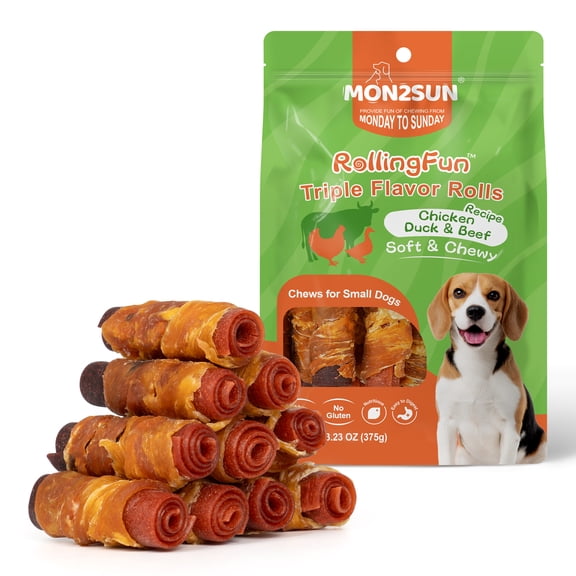 MON2SUN Triple Meat Rolls Chicken Duck & Beef Flavor Dog Treats, 13 oz (10 Count)