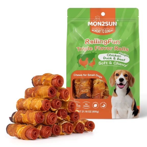 MON2SUN Triple Meat Rolls Chicken Duck & Beef Flavor Dog Treats, 21.16 oz (16 Count)