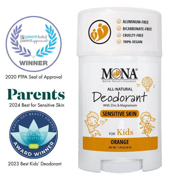 MONA Orange Natural Deodorant for Kids Preteens & Teens, Aluminum Free, Gluten and Baking Soda Free, Gentle for Sensitive Skin, Cruelty free and Vegan Kids Deodorant Stick (1.76 oz)