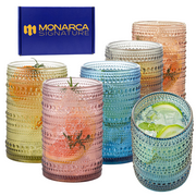 MONARCA SIGNATURE Vintage Drinking Glasses – 15.2 Oz Multicolor Hobnail Glass Tumblers, Set of 6 – Perfect for Water, Beverages, Juice, Cocktail and Milk Colors Assorted Pink, Blue, Yellow and Ivory