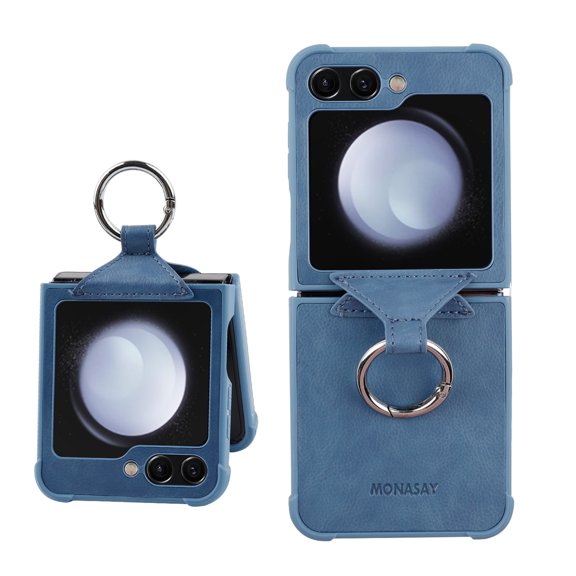 MONASAY Phone Case Compatible for Galaxy Z Flip 5,[Screen protector included]Leather Cell Phone Cover with Ring Compatible for Samsung Galaxy Z Flip 5, Light Blue