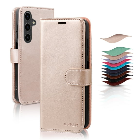 MONASAY Wallet Case Compatible for Samsung Galaxy A15 , [Included Glass Screen Protector][RFID Blocking]Flip Folio Leather Cell Phone Cover with Credit Card Holder, Rosegold