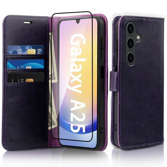 MONASAY Wallet Case Compatible for Samsung Galaxy A25 5G, [Included Glass Screen Protector][RFID Blocking]Flip Folio Leather Cell Phone Cover with Credit Card Holder, Purple