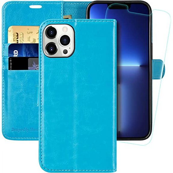 MONASAY Wallet Case Compatible for iPhone 13 Pro Max 5G, 6.7-inch, [Glass Screen Protector Included] [RFID Blocking] Flip Folio Leather Cell Phone Cover with Credit Card Holder