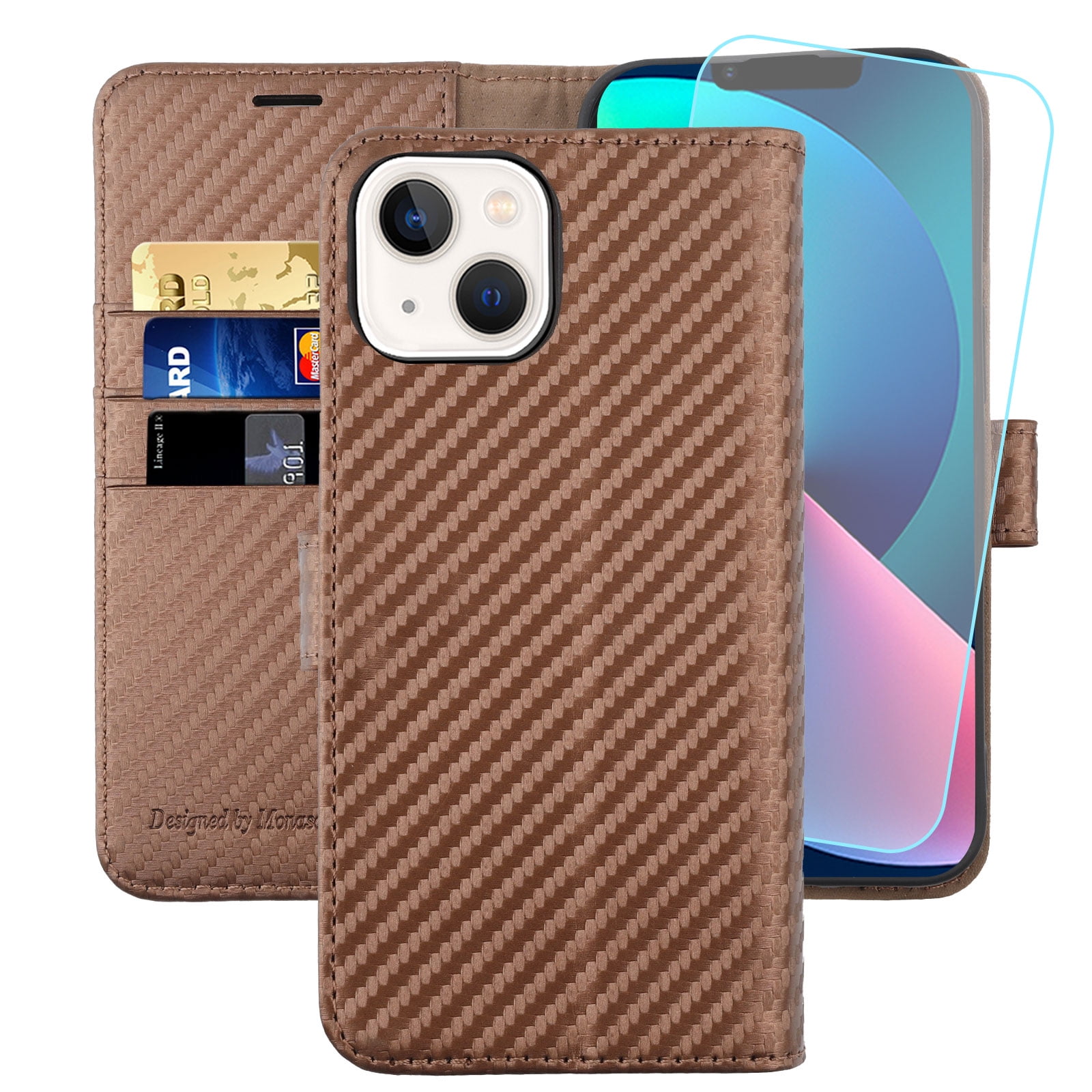 MONASAY Wallet Case Compatible for iPhone 14 5G,[Glass Screen Protector Included] [RFID Blocking] Flip Folio Leather Cell Phone Cover with Credit Card Holder，6.1-inch