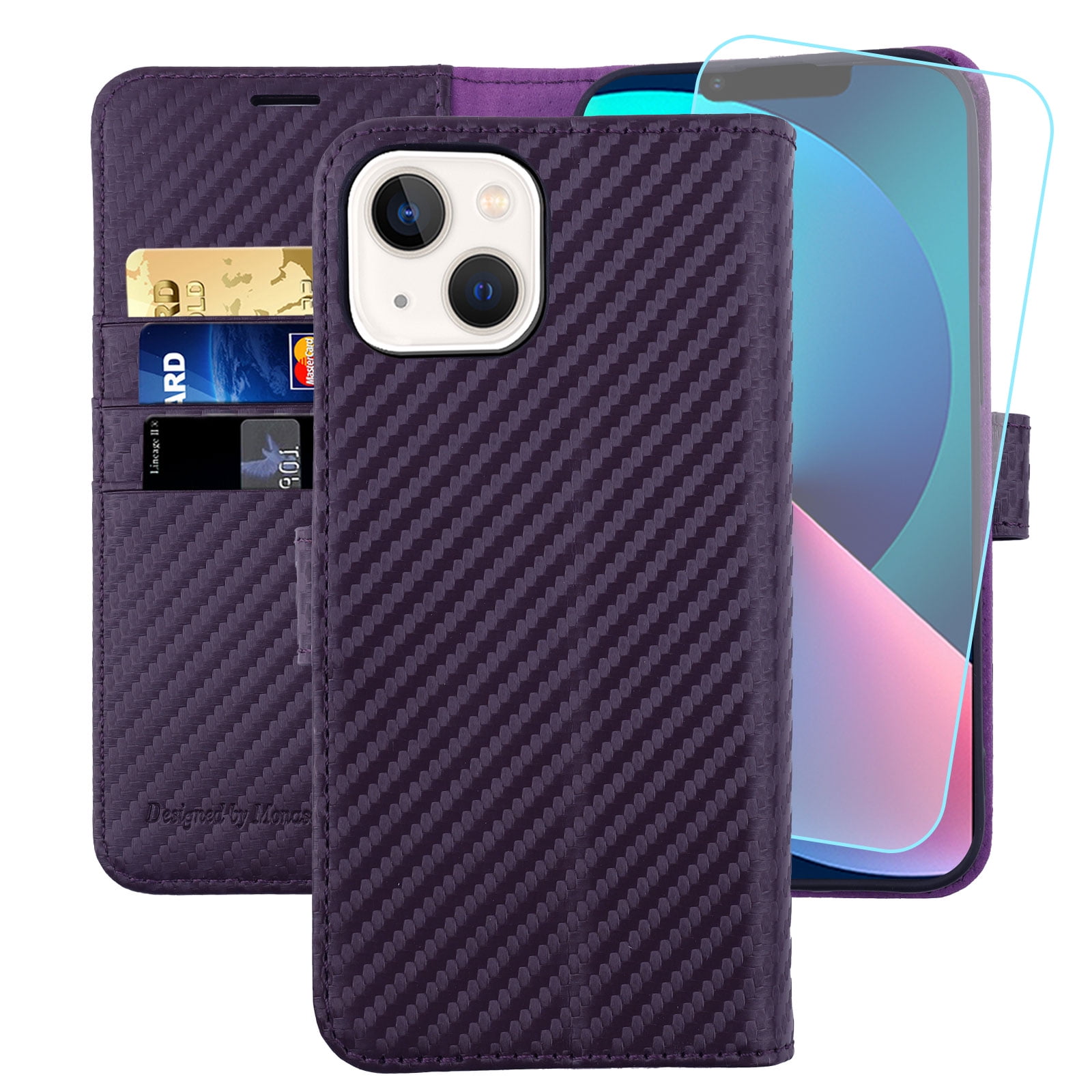 MONASAY Wallet Case Compatible for iPhone 14 5G,[Glass Screen Protector Included] [RFID Blocking] Flip Folio Leather Cell Phone Cover with Credit Card Holder，6.1-inch
