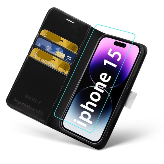 MONASAY Wallet Case Compatible for iPhone 15 5G,[Glass Screen Protector Included] [RFID Blocking] Flip Folio Leather Cell Phone Cover with Credit Card Holder, 6.1-inch