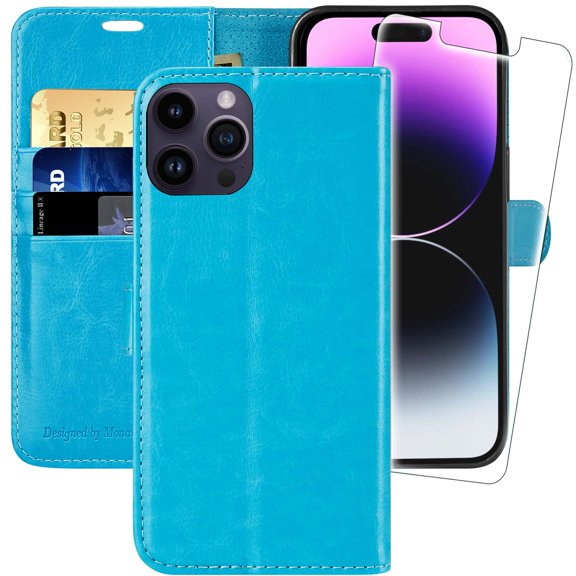 MONASAY Wallet Case Compatible for iPhone 15 Pro 5G, [Glass Screen Protector Included] [RFID Blocking] Flip Folio Leather Cell Phone Cover with Credit Card Holder, 6.1-inch
