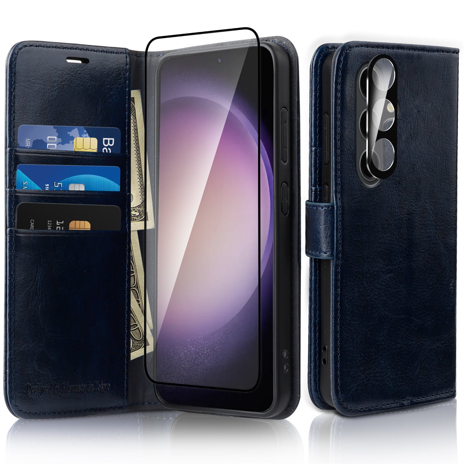 MONASAY Wallet Case Fit for Galaxy S24 5G, [Screen Protector and lens protector] [RFID Blocking] Flip Folio Leather Cell Phone Cover with Credit Card Holder, 6.2 inch, Blue