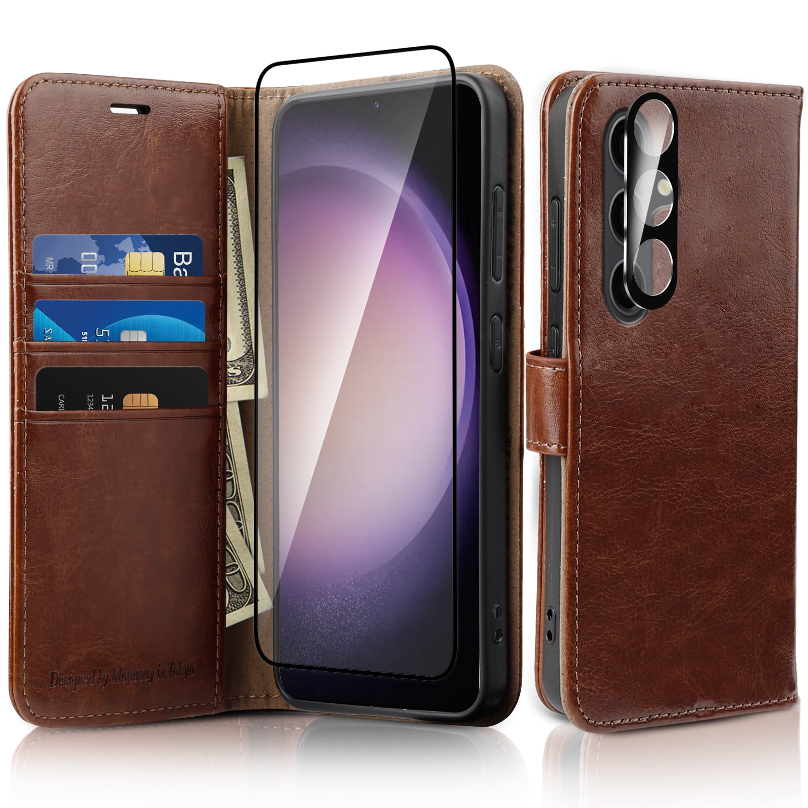 MONASAY Wallet Case Fit for Galaxy S24 5G, [Screen Protector and lens protector] [RFID Blocking] Flip Folio Leather Cell Phone Cover with Credit Card Holder, 6.2 inch, Brown