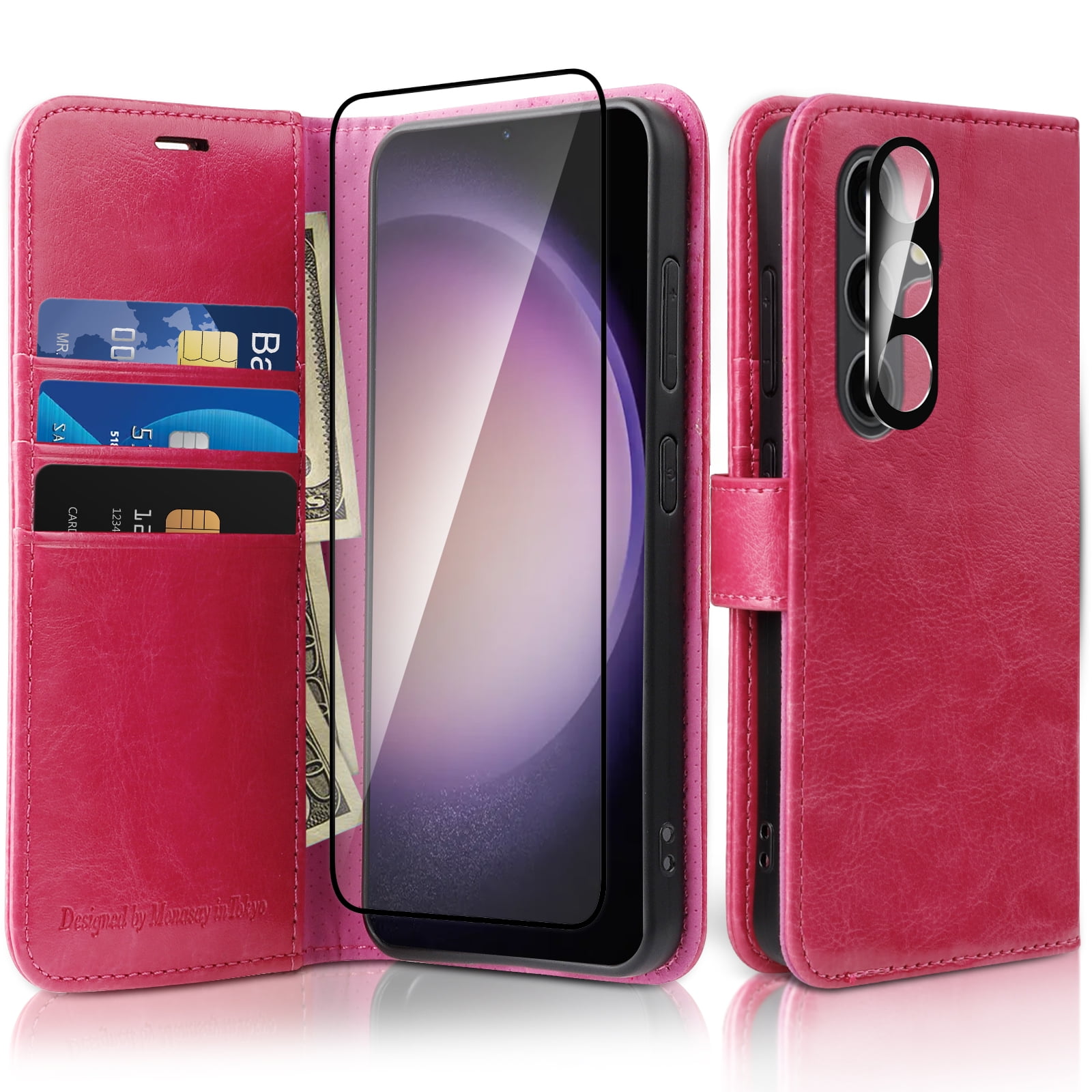 MONASAY Wallet Case Fit for Galaxy S24 5G, [Screen Protector and lens protector] [RFID Blocking] Flip Folio Leather Cell Phone Cover with Credit Card Holder, 6.2 inch, Hot-pink