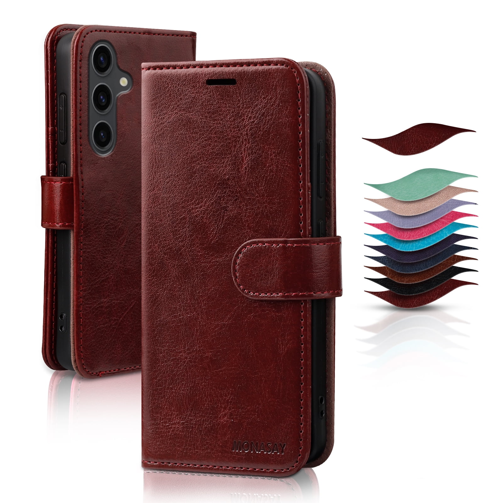 MONASAY Wallet Case Fit for Galaxy S24+ Plus 5G, [Screen Protector and lens protector] [RFID Blocking] Flip Folio Leather Cell Phone Cover with Credit Card Holder，6.7 inch, Burgundy