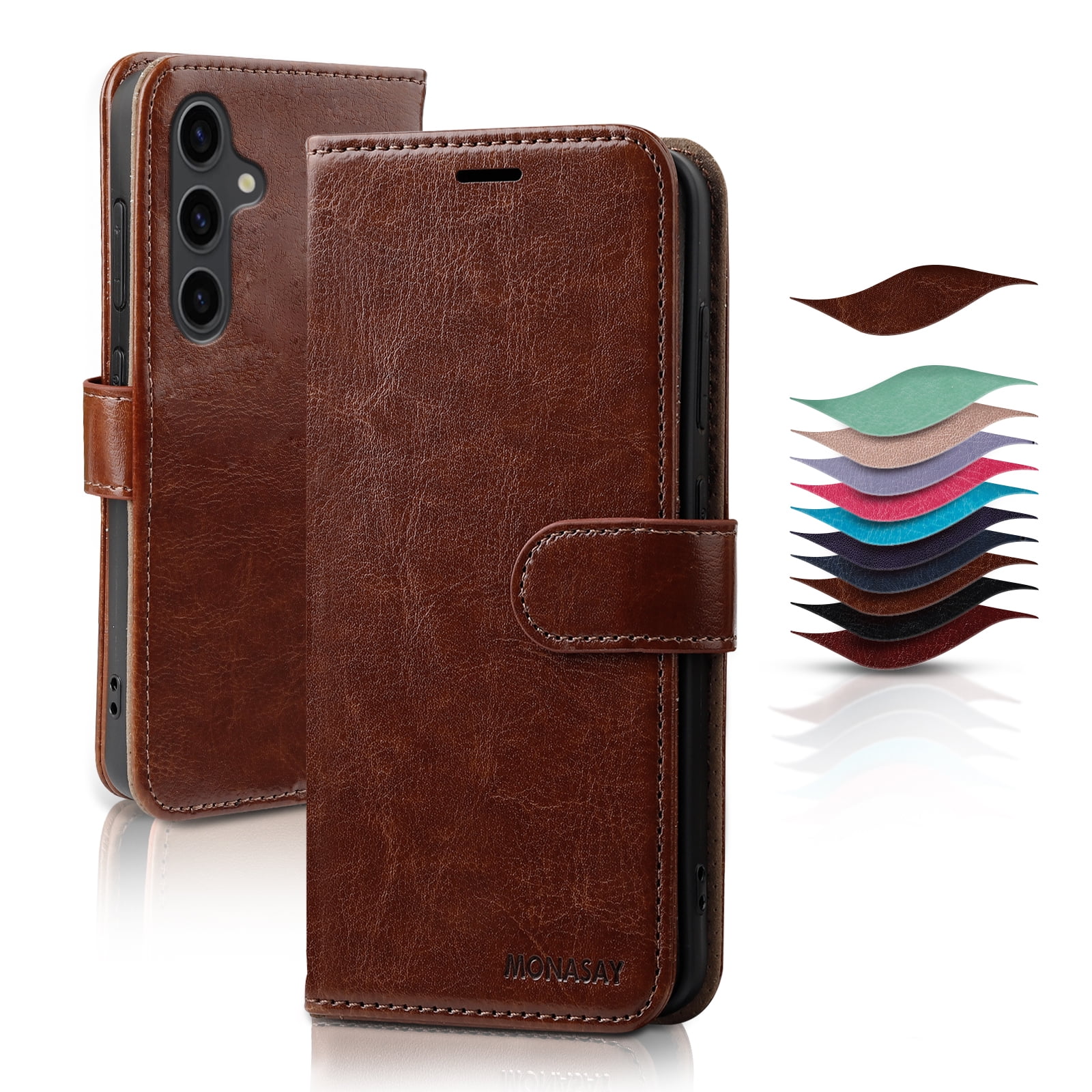 MONASAY Wallet Case Fit for Galaxy S24+ Plus 5G, [Screen Protector and lens protector] [RFID Blocking] Flip Folio Leather Cell Phone Cover with Credit Card Holder，6.7 inch, Brown