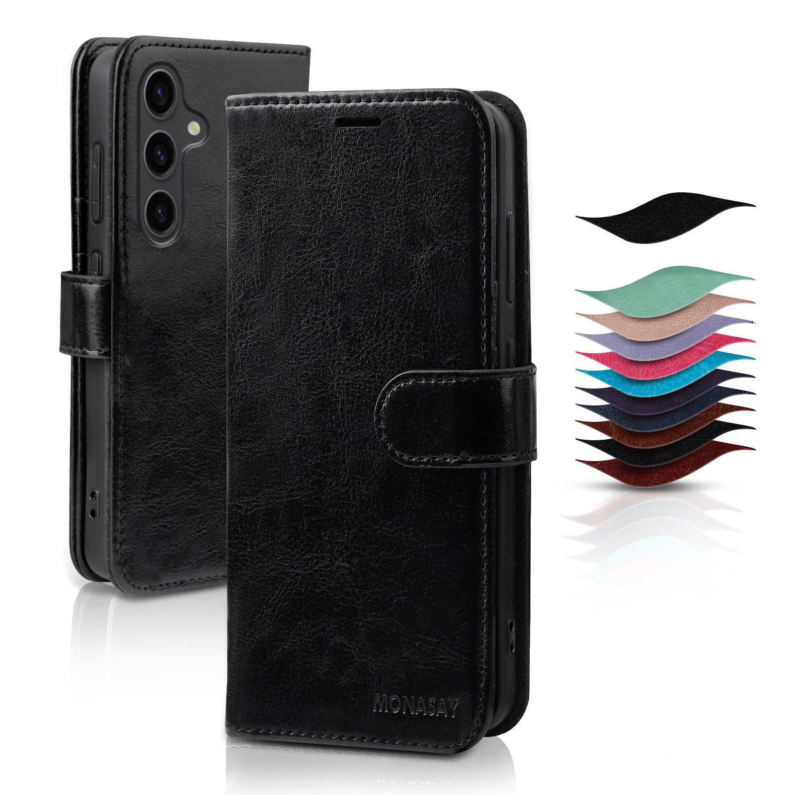 MONASAY Wallet Case Fit for Galaxy S24+ Plus 5G, [Screen Protector and lens protector] [RFID Blocking] Flip Folio Leather Cell Phone Cover with Credit Card Holder，6.7 inch, Black