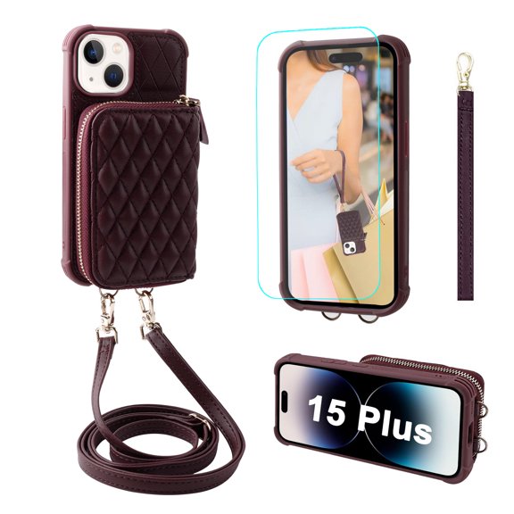 MONASAY Zipper Wallet Case Compatible for iPhone 15 Plus,6.7in [Glass Screen Protector ][RFID Blocking]Flip Leather Handbag Phone Cover with Card Holder&Detachable Crossbody Lanyard Strap