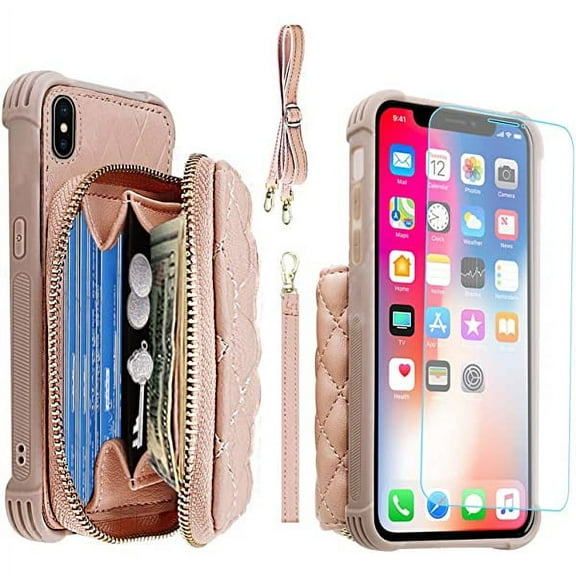 MONASAY Zipper Wallet Case Fit for Apple iPhone X/XS,[Glass Screen Protector ][RFID Blocking]Flip Leather Handbag Phone Cover with Card Holder&Detachable Crossbody Shoulder Lanyard Strap