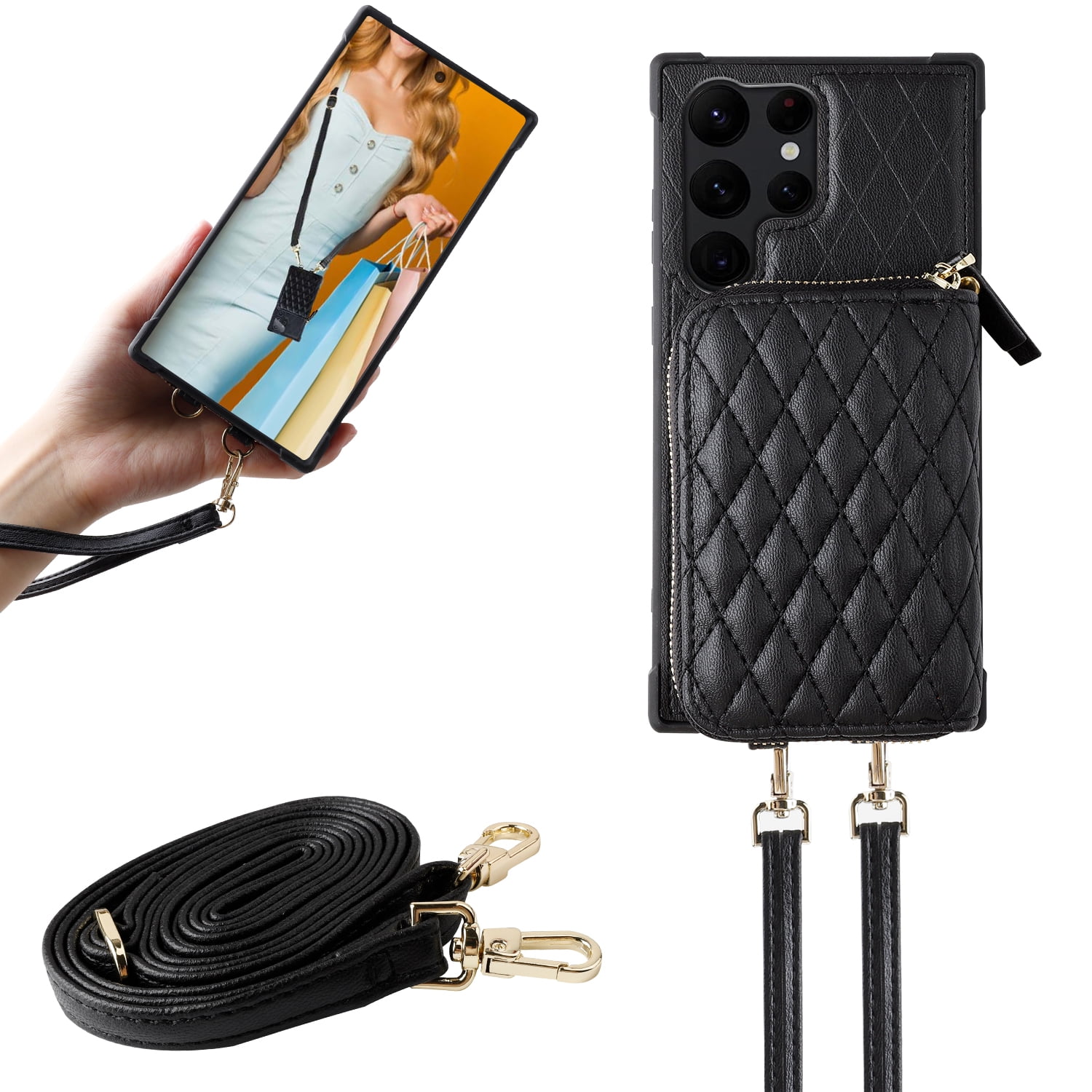 MONASAY Zipper Wallet Case Fit for Samsung Galaxy S23 Ultra,[RFID Blocking]Flip Leather Handbag Phone Cover with Card Holder& Crossbody Shoulder Lanyard Strap