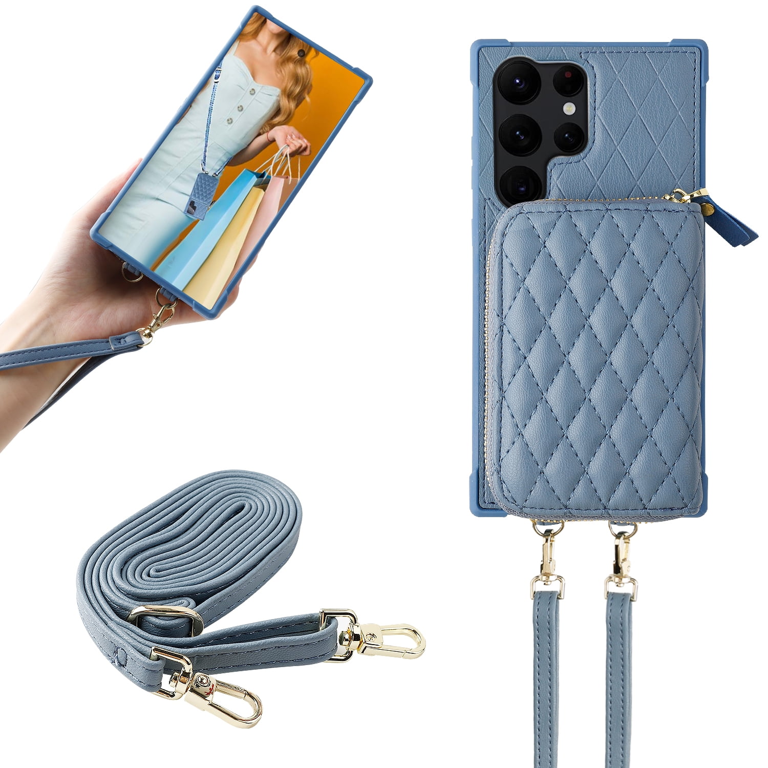 MONASAY Zipper Wallet Case Fit for Samsung Galaxy S23 Ultra,[RFID Blocking]Flip Leather Handbag Phone Cover with Card Holder& Crossbody Shoulder Lanyard Strap