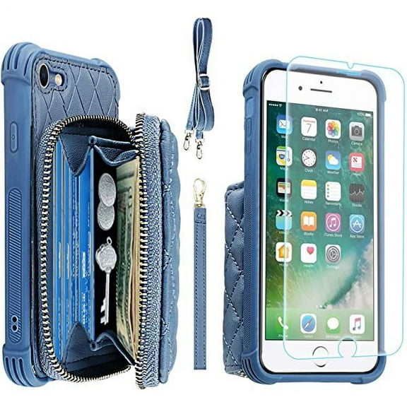 MONASAY Zipper Wallet Case Fit for iPhone SE 2022/2020/8/7, [Glass Screen Protector ][RFID Blocking]Flip Leather Handbag Phone Cover with Card Holder & Crossbody Lanyard Strap