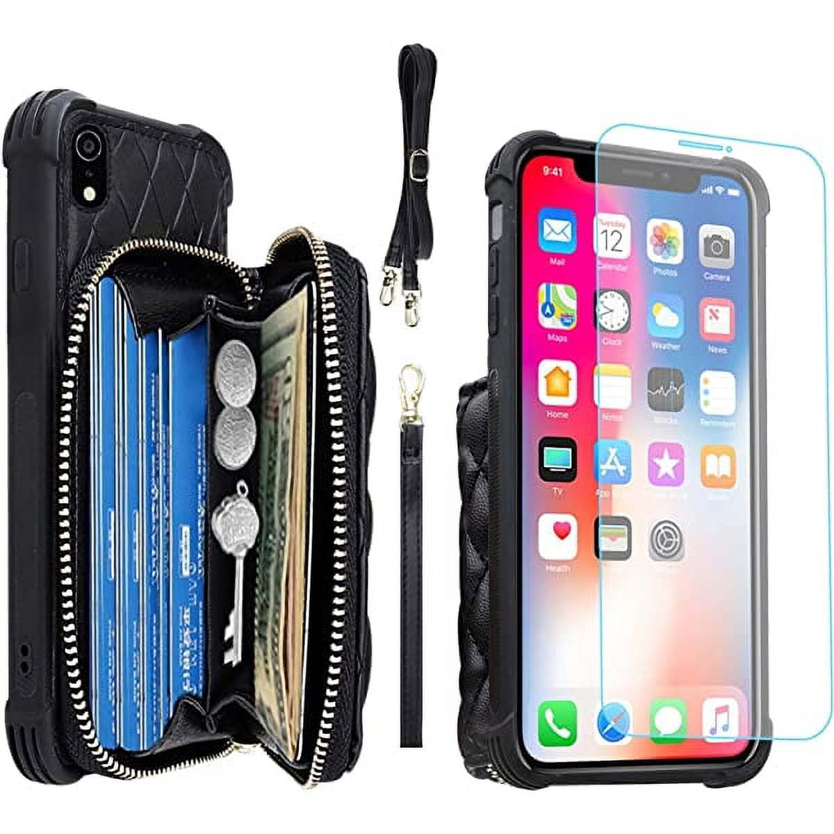 MONASAY Zipper Wallet Case for iPhone XR ,[Glass Screen Protector ][RFID Blocking]Flip Leather Handbag Phone Cover with Card Holder & Detachable Crossbody Shoulder Lanyard Strap for Apple iPhone XR