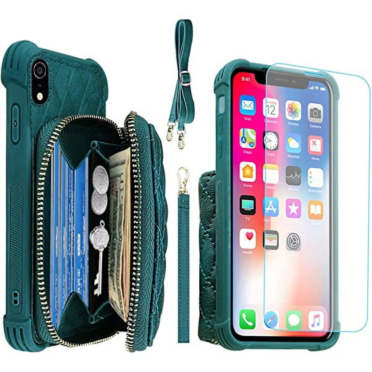 MONASAY Zipper Wallet Case for iPhone XR ,[Glass Screen Protector ][RFID Blocking]Flip Leather Handbag Phone Cover with Card Holder & Detachable Crossbody Shoulder Lanyard Strap for Apple iPhone XR
