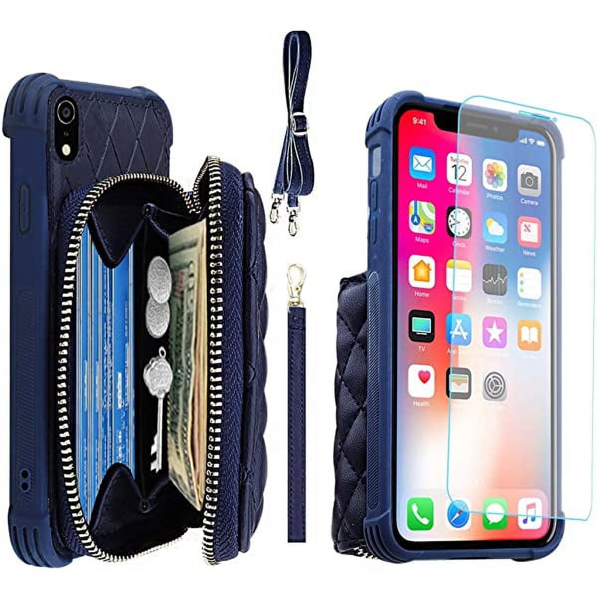 MONASAY Zipper Wallet Case for iPhone XR ,[Glass Screen Protector ][RFID Blocking]Flip Leather Handbag Phone Cover with Card Holder & Detachable Crossbody Shoulder Lanyard Strap for Apple iPhone XR