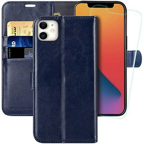 MONASAY iPhone 11,6.1-inch, [Glass Screen Protector] Flip Folio Leather Cell Phone Cover with Credit Card Holder for Apple iPhone 11