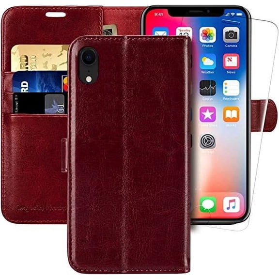 MONASAY iPhone XR 5G Case,6.1-inch, [Glass Screen Protector] Flip Folio Leather Cell Phone Cover with Credit Card Holder for Apple iPhone XR