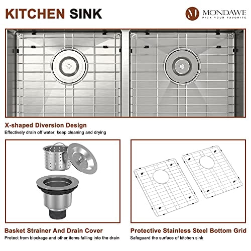 MONDAWE 32 inch Undermount Kitchen Sinks, 50/50 Low Divide Double Bowl Sink 32x19, Handcrafted Stainless Steel 18 Ga Deep Sink with Strainers & Protective Bottom Grids, Fregaderos De Cocina 32x19x10