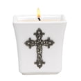 thumbnail image 1 of MONDIAL CANDLES: BIANCA Collection - Ceramic Square Container Candle with ANTIQUE SILVER Floral Cross Ornament, 1 of 3