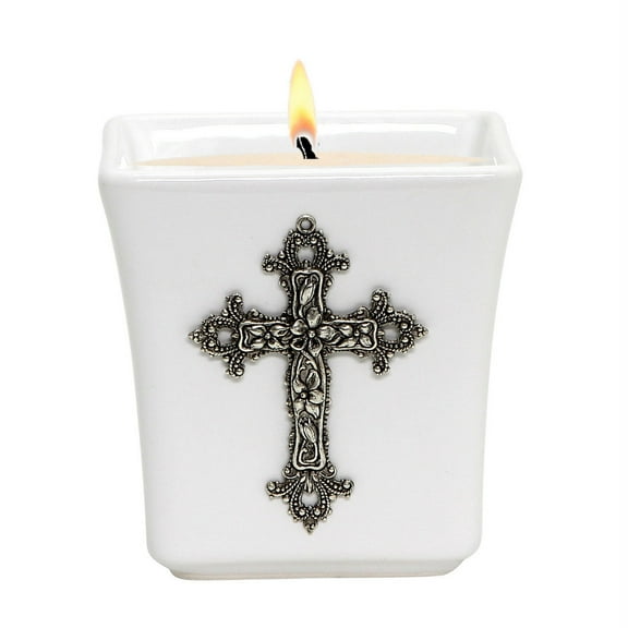 MONDIAL CANDLES: BIANCA Collection - Ceramic Square Container Candle with ANTIQUE SILVER Floral Cross Ornament