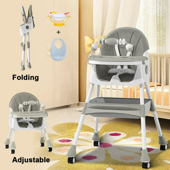 Liyufly 4-in-1 Baby High Chair Portable Baby Dining Chairs Eat & Play Convertible High Chair with Five-point Snap Button, Double-layer Dinner Plate and Toy Rack, Gray