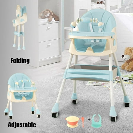 Liyufly 4-in-1 Baby High Chair Portable Baby Toddler Dining Chairs Eat & Play Convertible High Chair with 5-Point Harness, Dinner Plate and Toy Rack, Dark Blue