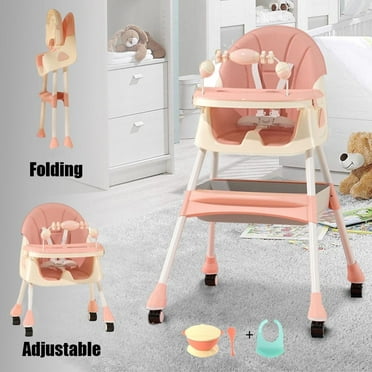 MONEHANE 4-in-1 Baby Highchair Adjustable Kid Chair Baby Dining Chairs Eat & Grow Convertible High Chair with Five-point Snap Button, Double-layer Dinner Plate and Toy Rack, Pink