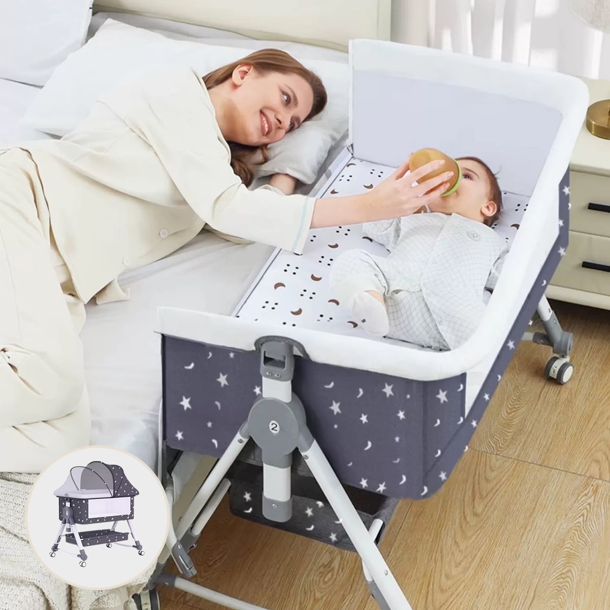 MONEHANE 4-in-1 Bedside Bassinet, Adjustable Height, Black with Storage Basket