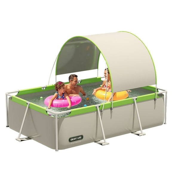 MONEHANE Above Ground Rectangular Swimming Pool, Metal Steel Frame Kiddie Pools with Canopy Sunshade for Backyard, Garden, Lawn for Adults, 115in