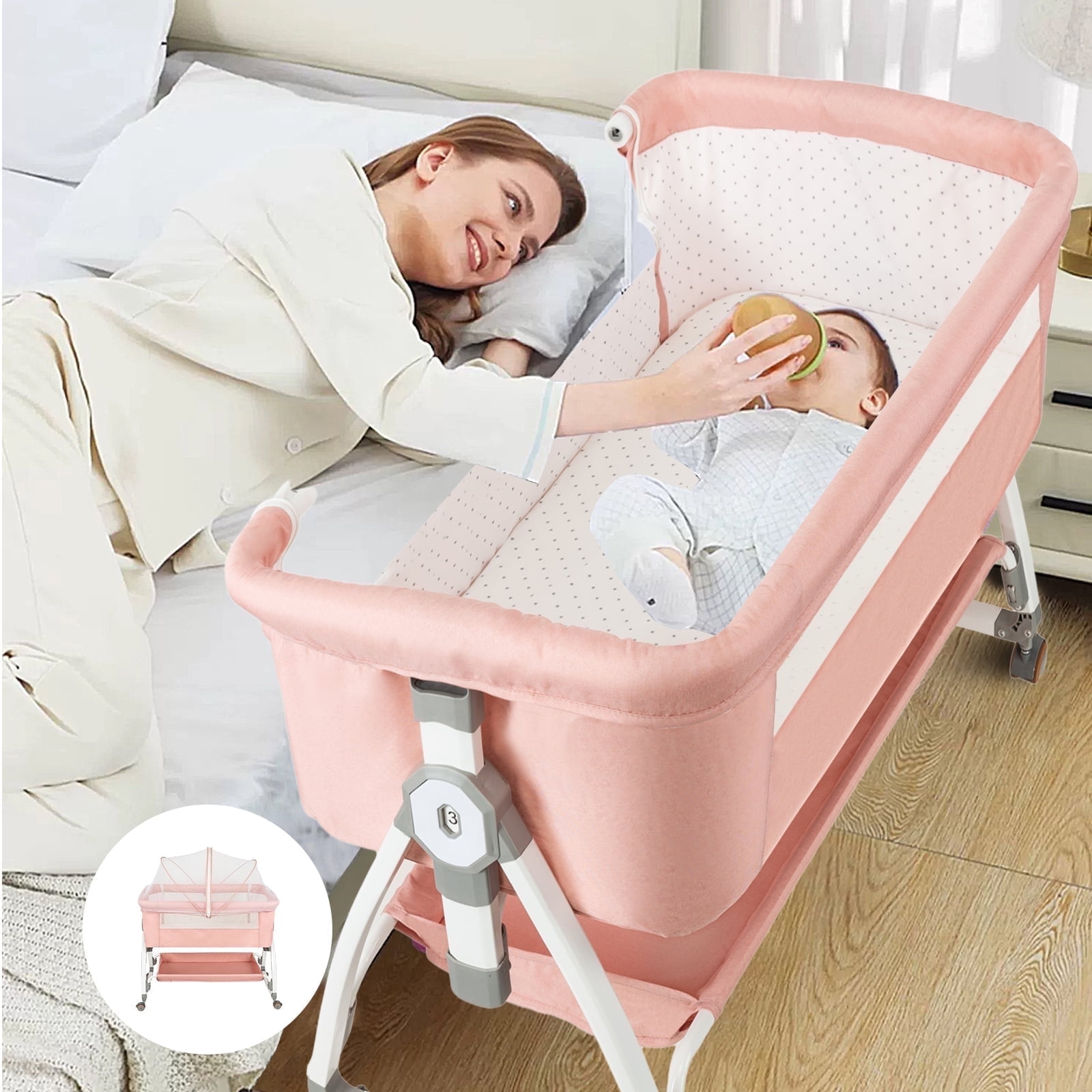 Liyufly Baby Bassinet, 4 in 1 Infant Bedside Crib with Storage Basket and Wheel & Changing Table, Adjustable Infant Cradle, Pink