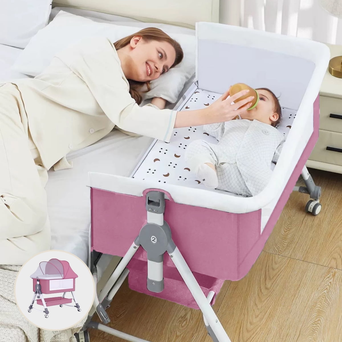 Liyufly Baby Bassinet, 4 in 1 Infant Bedside Crib with Storage Basket and Wheel &Changing Table, Adjustable Infant Cradle, Pink