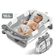 Liyufly Foldable Baby Bath Tubs, Portable Collapsible Baby Bathtub with Soft Floating Cushion & Thermometer for Infant to Toddler, Bear, Gray